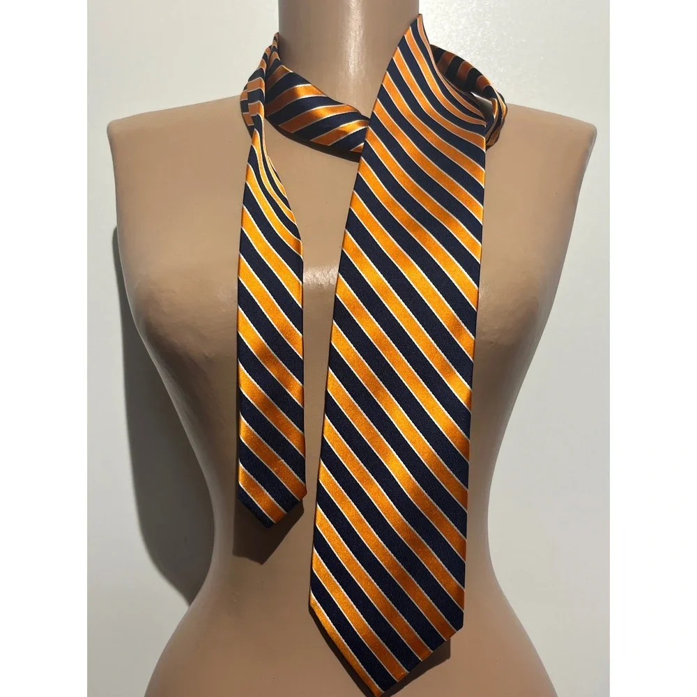 Nautica Mens Silk Necktie Orange Navy Blue White Striped Classic Repp Tie